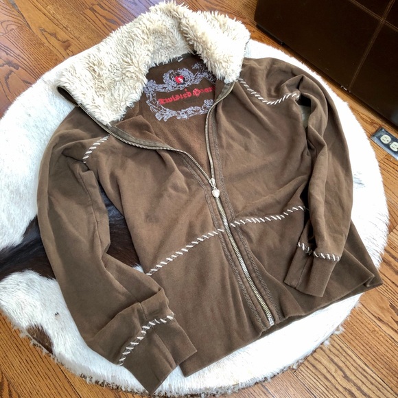 Twisted Heart Brown Fuzzy Collar Full Zip Hoodie - Picture 3 of 6